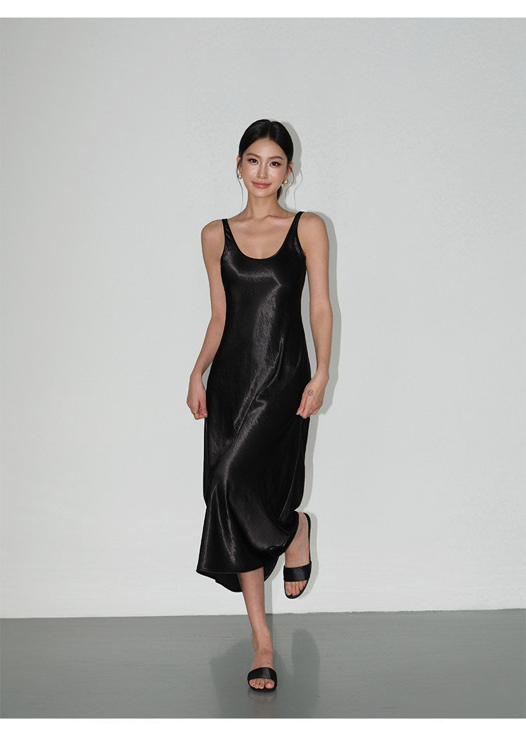 Satin Slip Midi Dress - Black