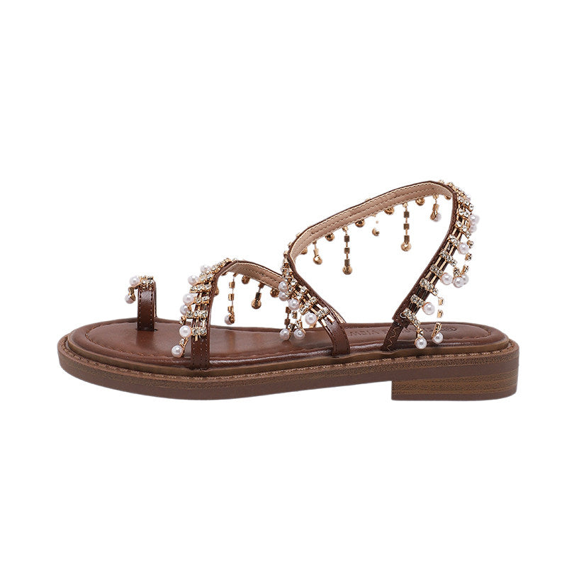 Pearl Crystal Flat Strap Sandals