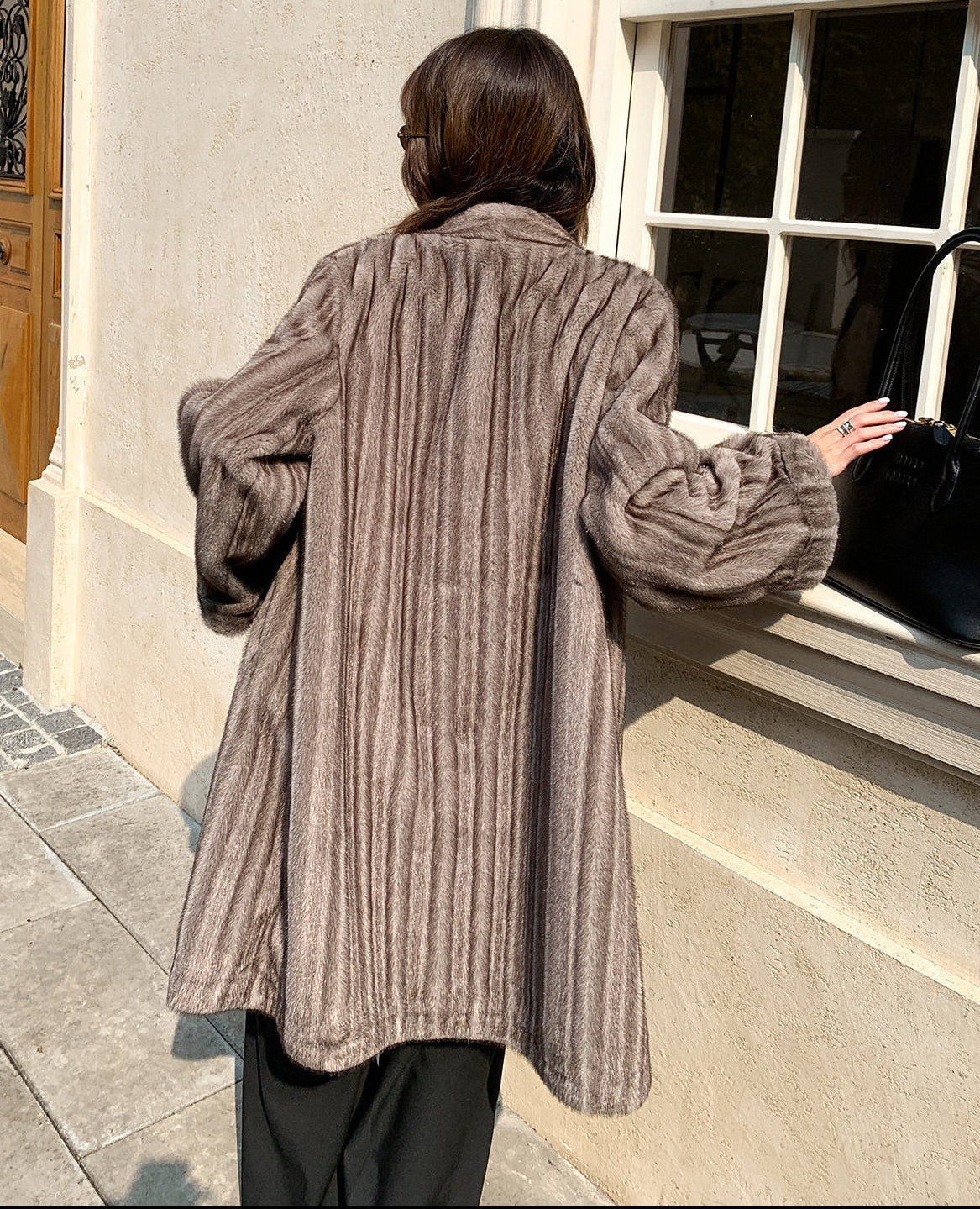 V-Neck Pullup Sleeve Fur Coat - Cement