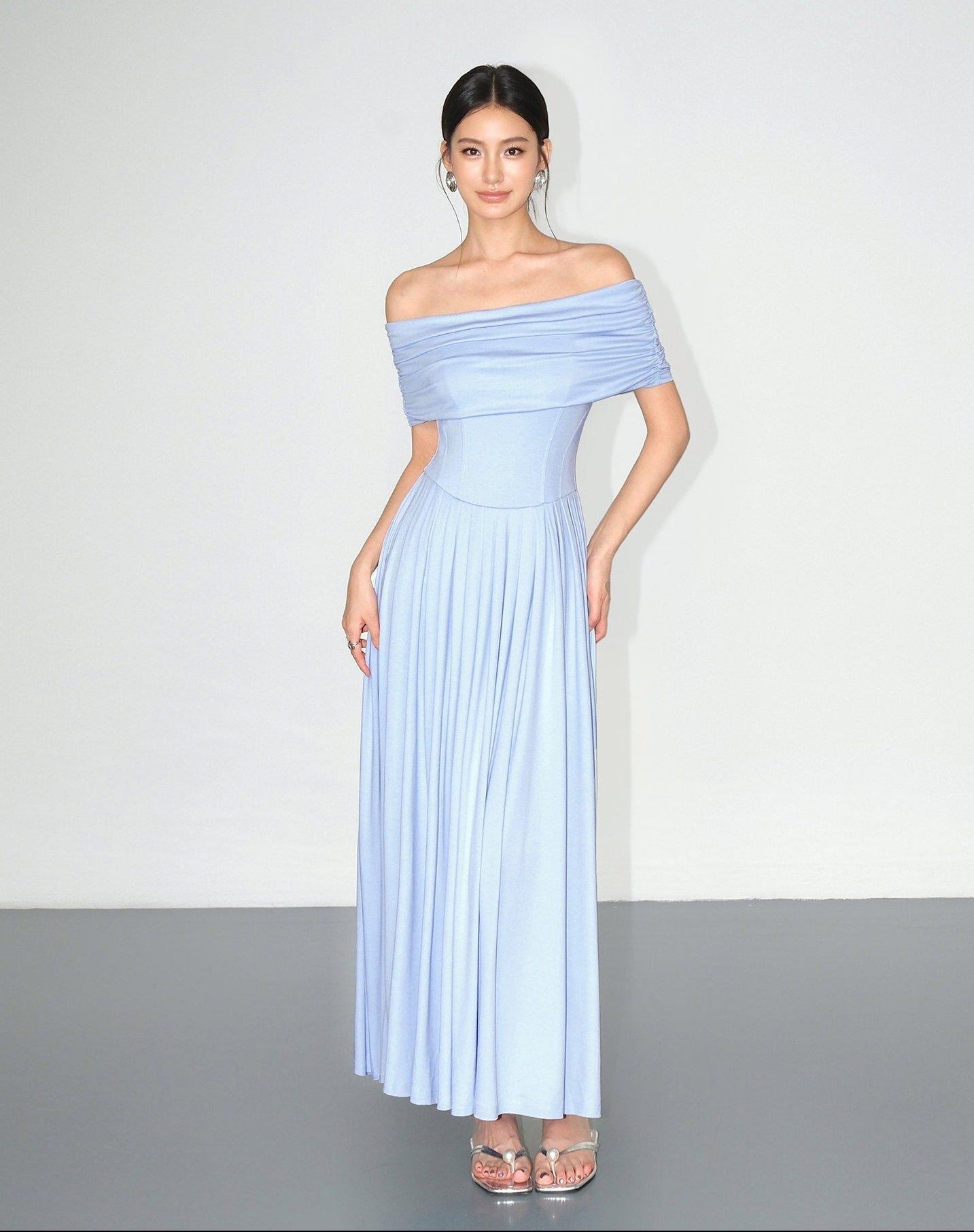Off-Shoulder Pleated Maxi Dress