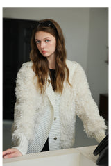 White Knit Paneled Fur Jacket
