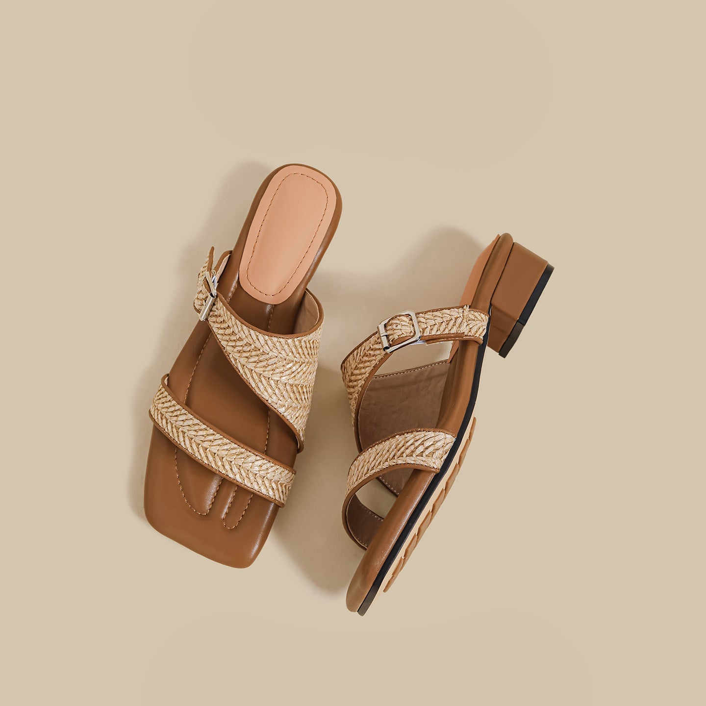 Woven Strap Slide Sandals (Brown)