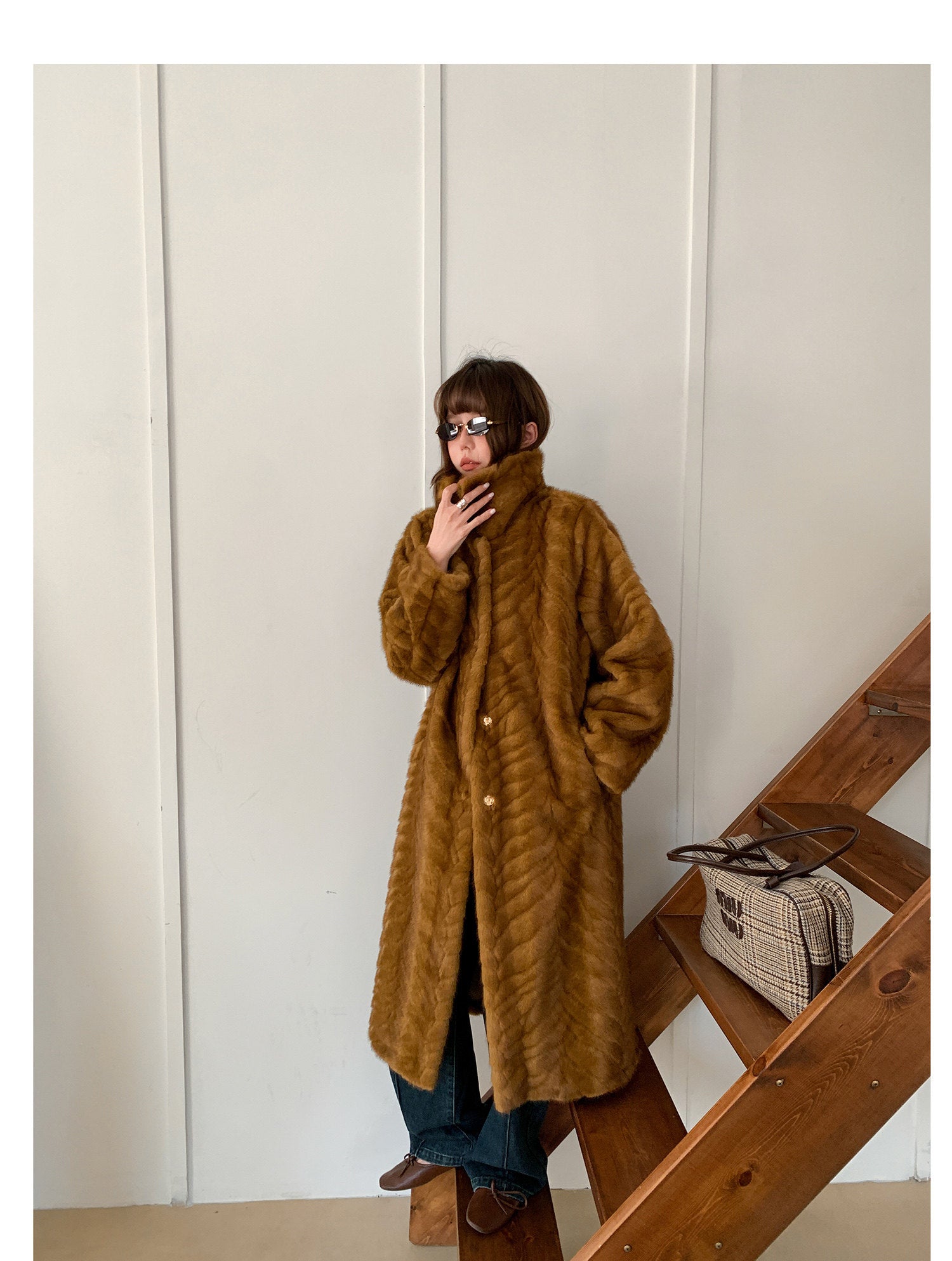 Herringbone Faux Fur Coat - Ochre