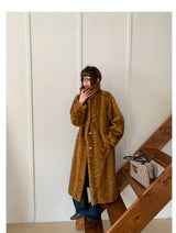 Herringbone Faux Fur Coat - Ochre
