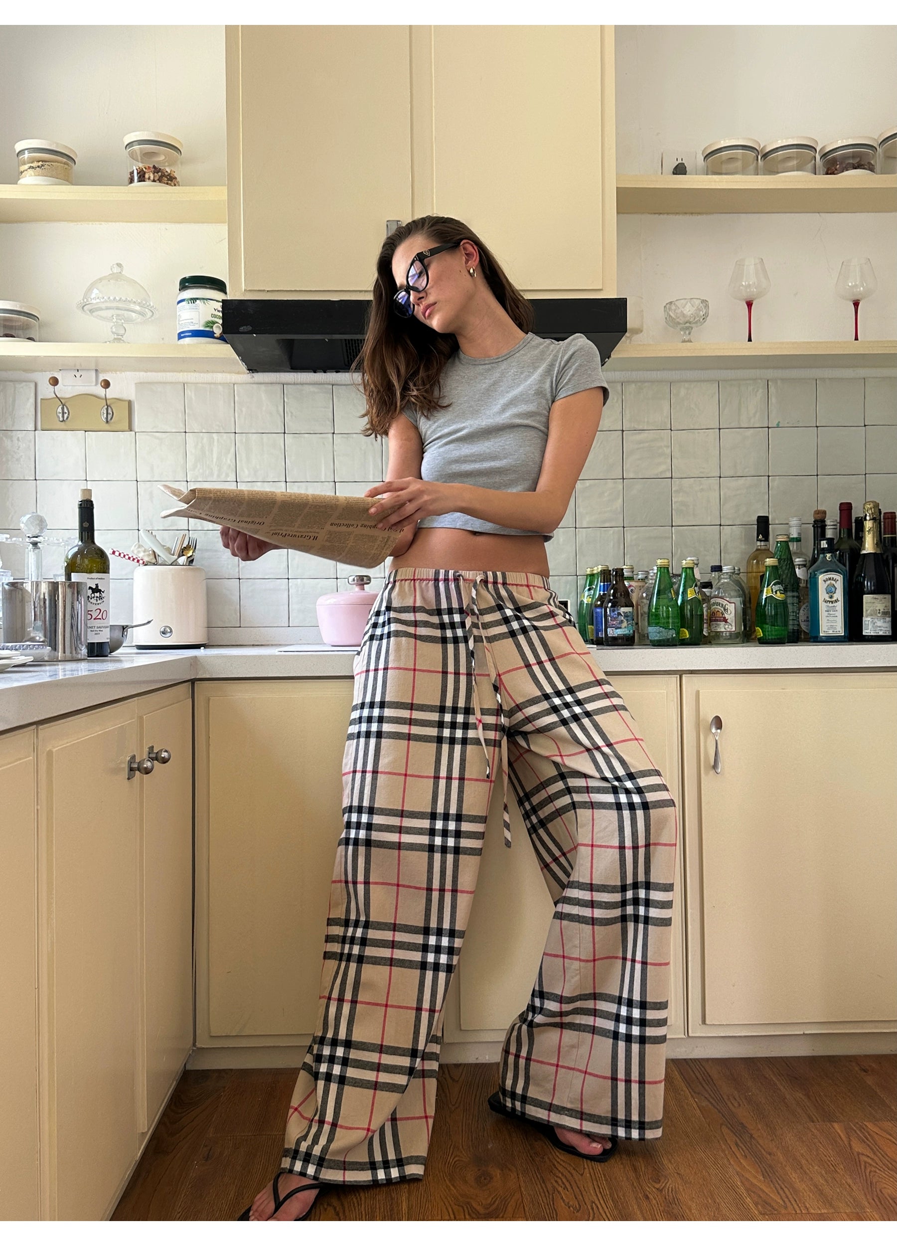 Plaid Drawstring Wide-Leg Pants