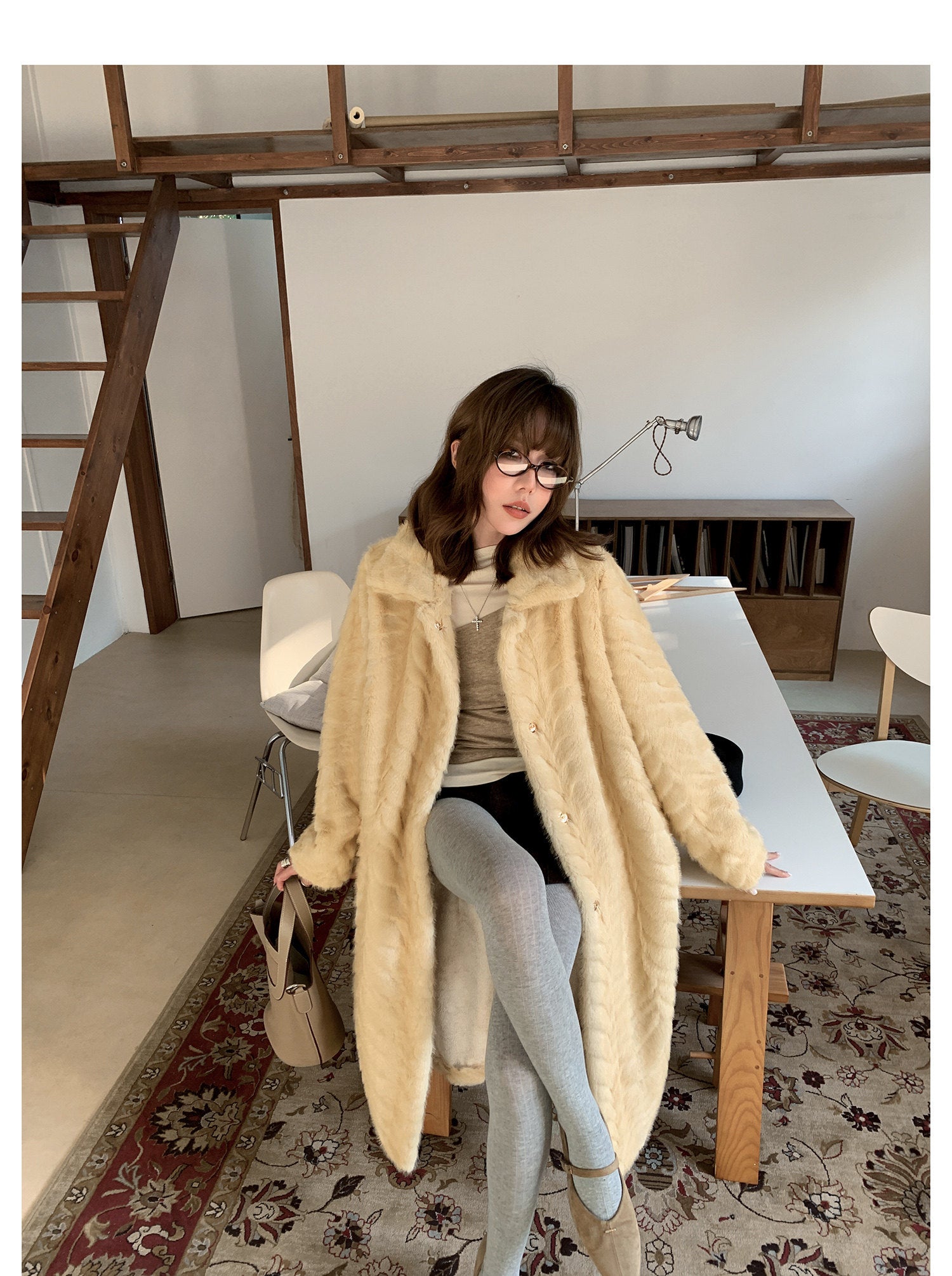Herringbone Faux Fur Coat - Custard