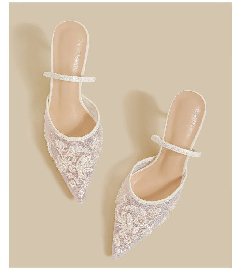 Embroidered Lace Slingback Heels
