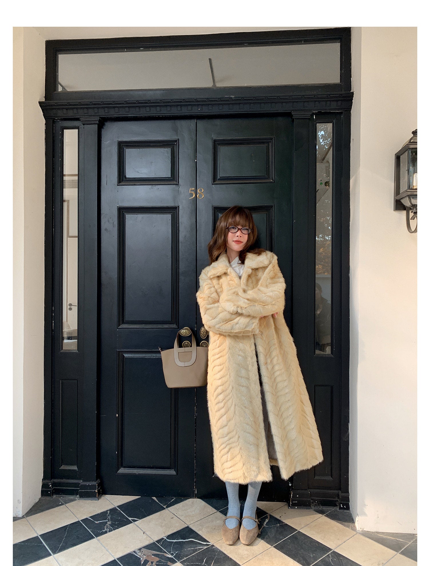 Herringbone Faux Fur Coat - Custard