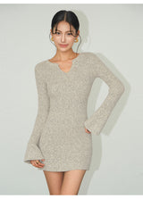 V-Neck Knit Mini Dress - Oatmeal