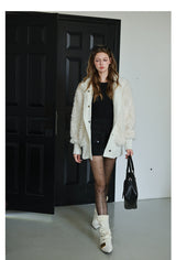 White Knit Paneled Fur Jacket