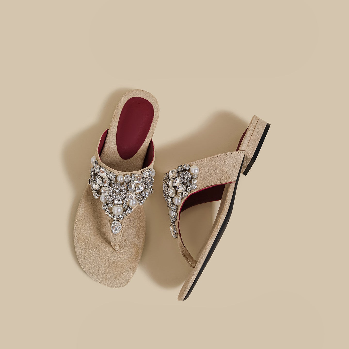 Crystal Pearl Flat Sandals (Beige)