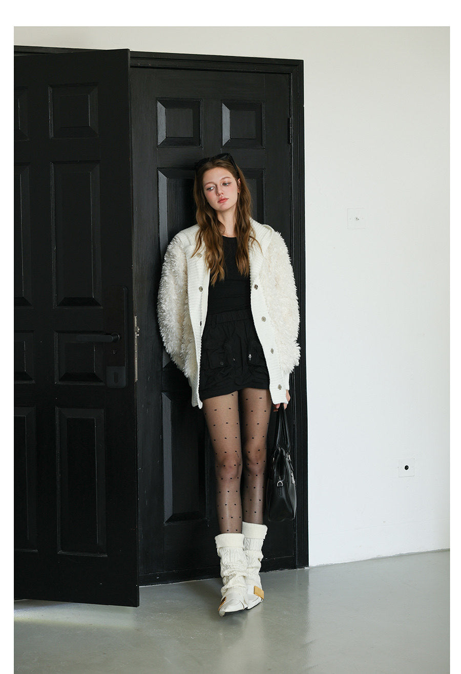 White Knit Paneled Fur Jacket