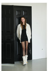 White Knit Paneled Fur Jacket