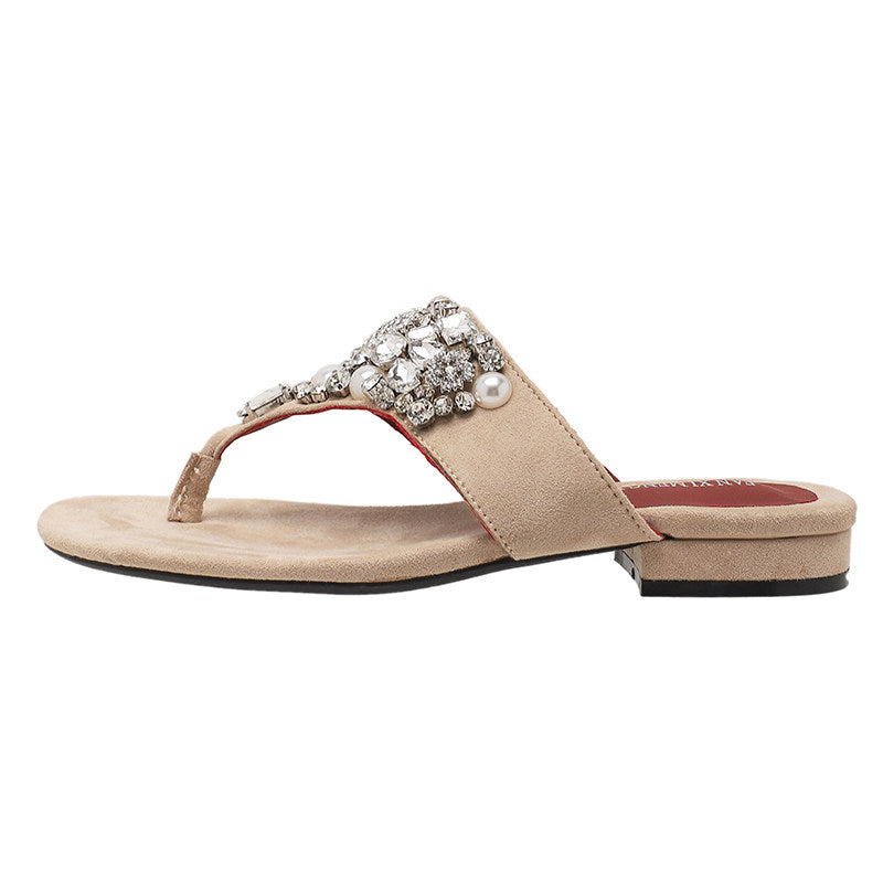 Crystal Pearl Flat Sandals (Beige)