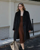 V-Neck Pullup Sleeve Fur Coat - Charcoal