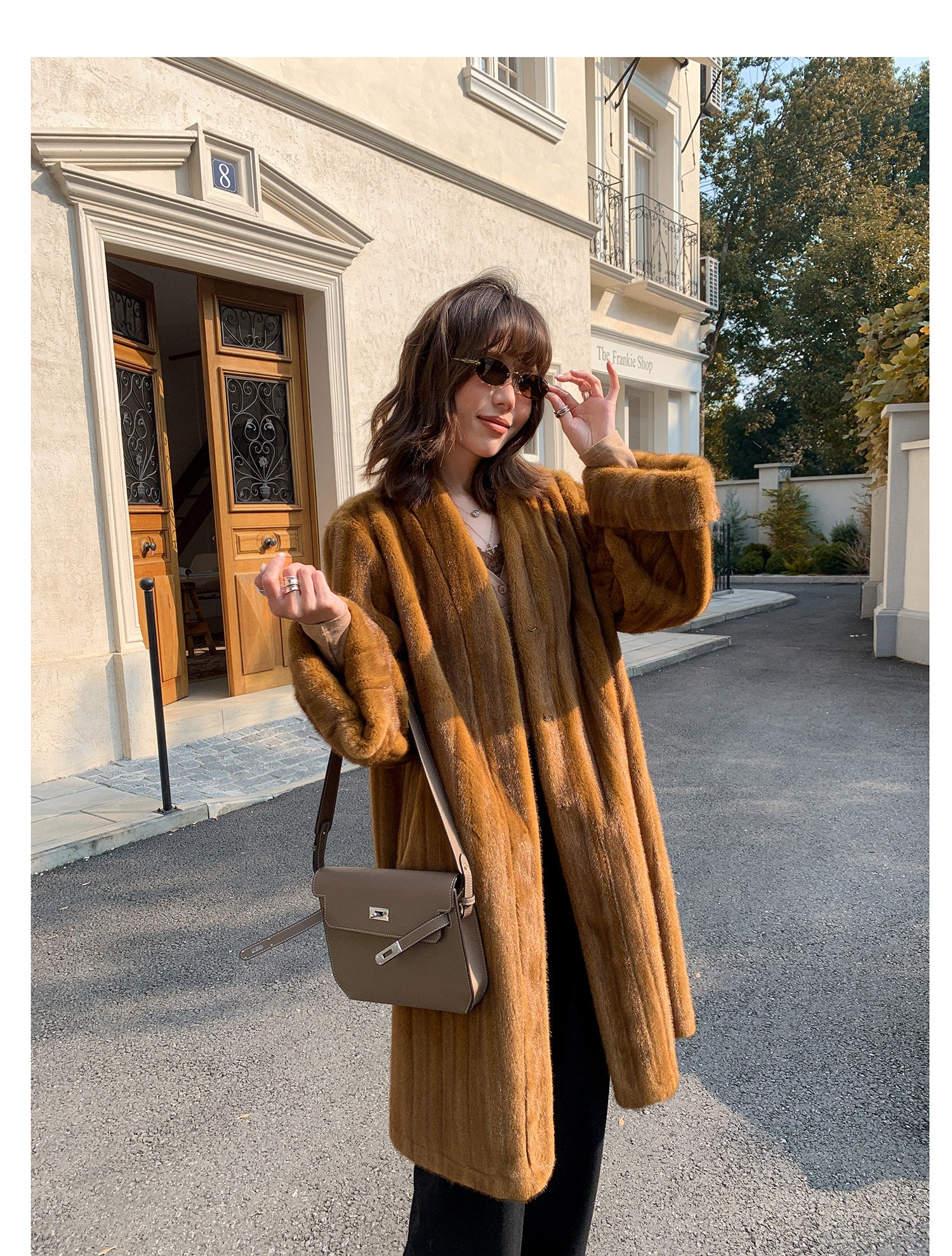 V-Neck Pullup Sleeve Fur Coat - Pumpkin