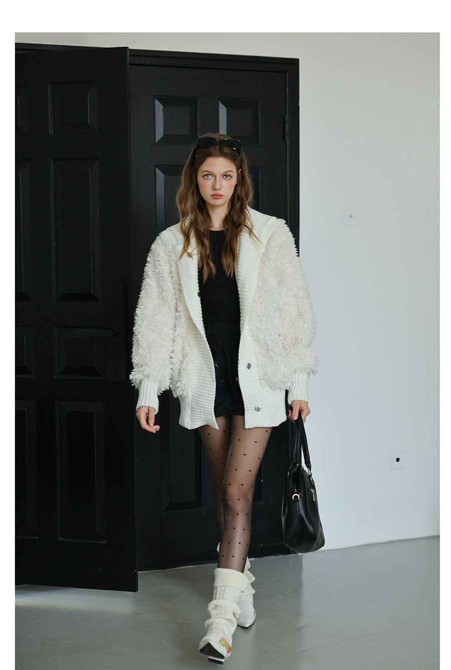 White Knit Paneled Fur Jacket