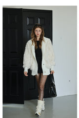 White Knit Paneled Fur Jacket