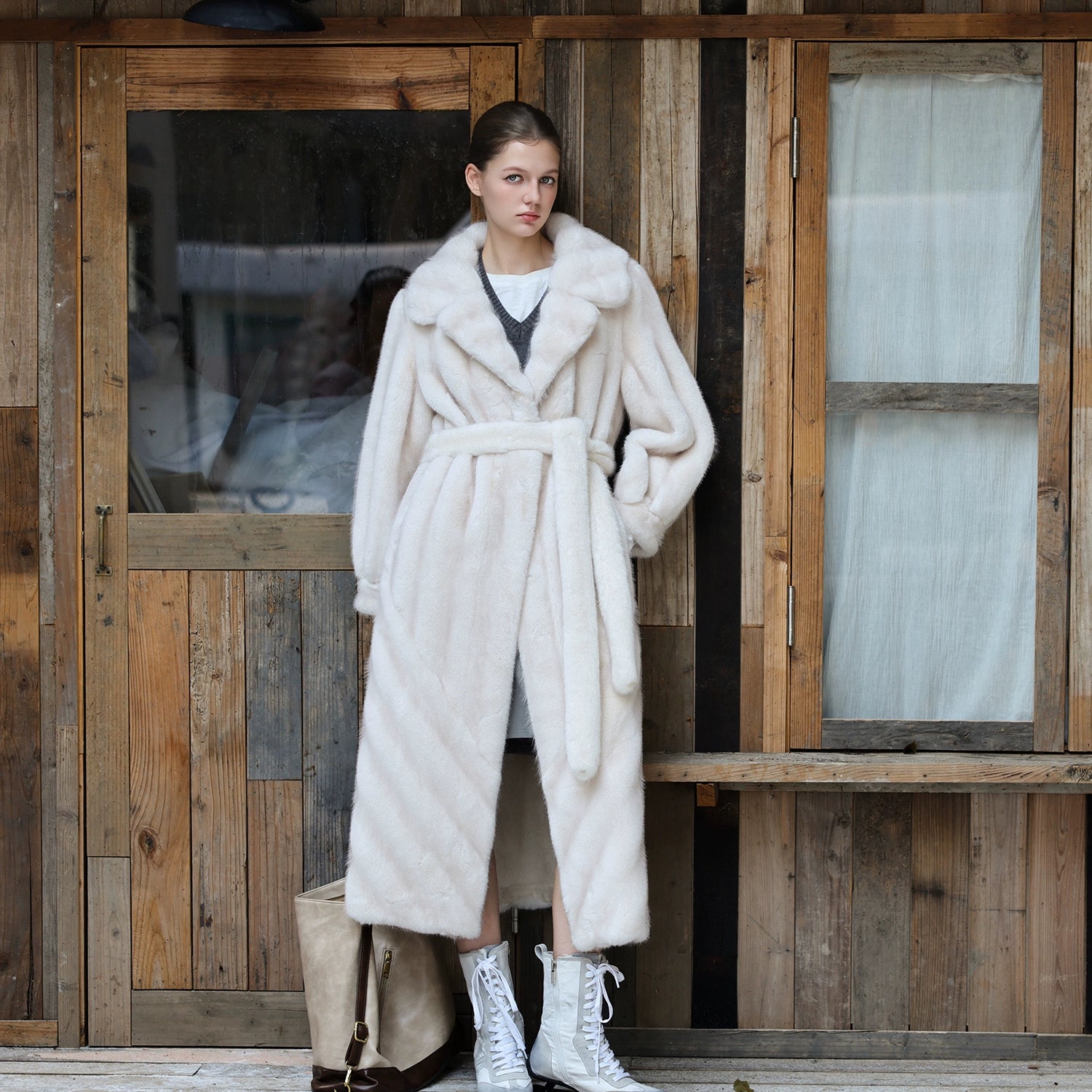 Faux-Mink Belted White