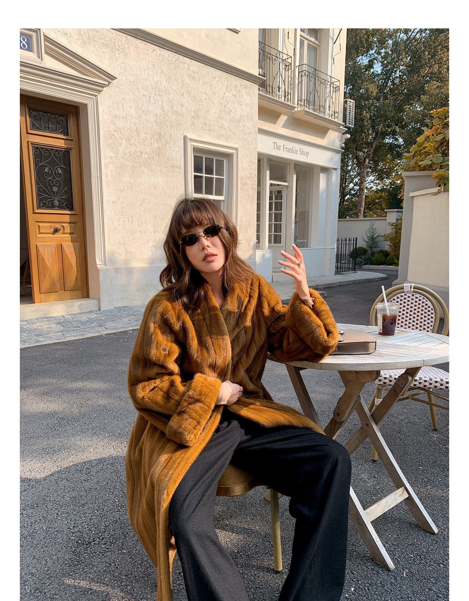 V-Neck Pullup Sleeve Fur Coat - Pumpkin