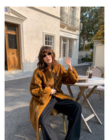 V-Neck Pullup Sleeve Fur Coat - Pumpkin