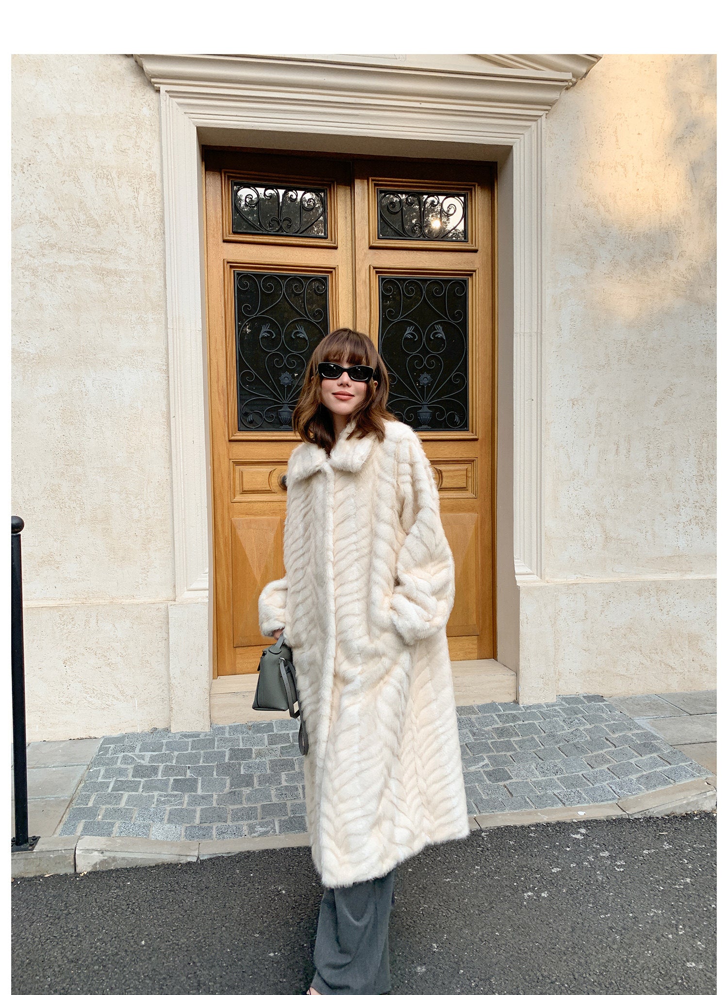 Herringbone Faux Fur Coat - Ivory