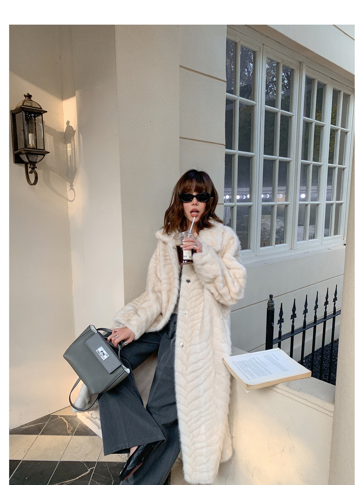 Herringbone Faux Fur Coat - Ivory