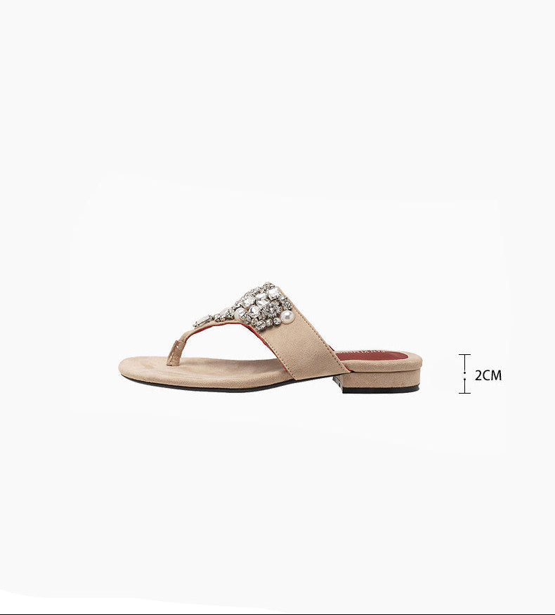 Crystal Pearl Flat Sandals (Beige)