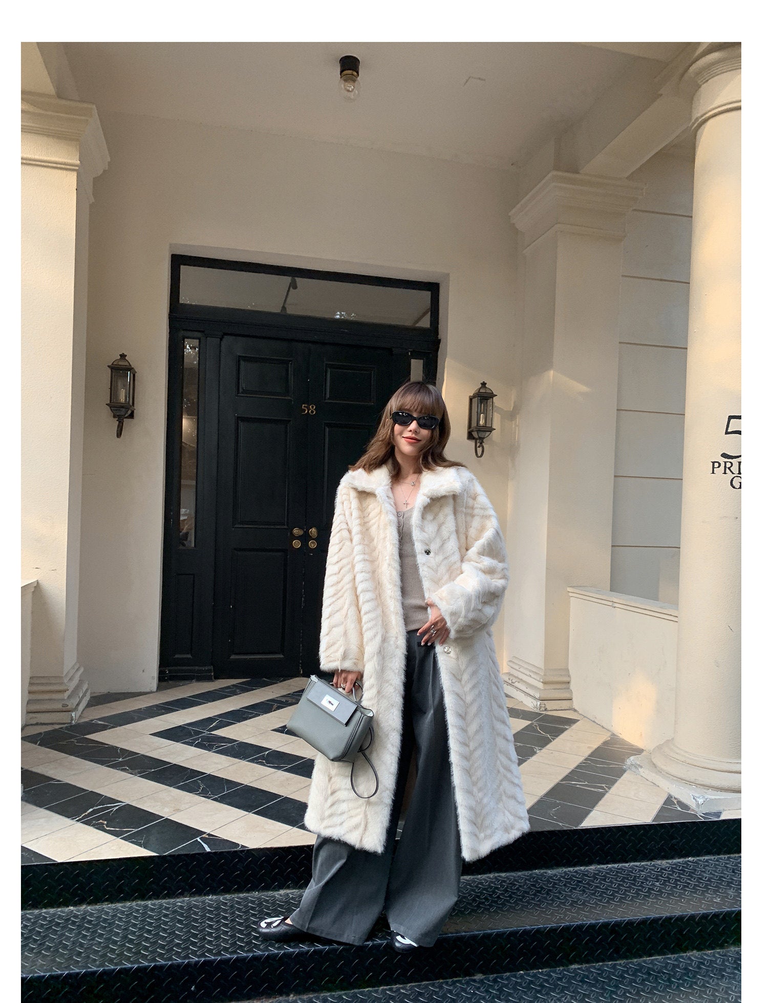 Herringbone Faux Fur Coat - Ivory