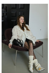 White Knit Paneled Fur Jacket
