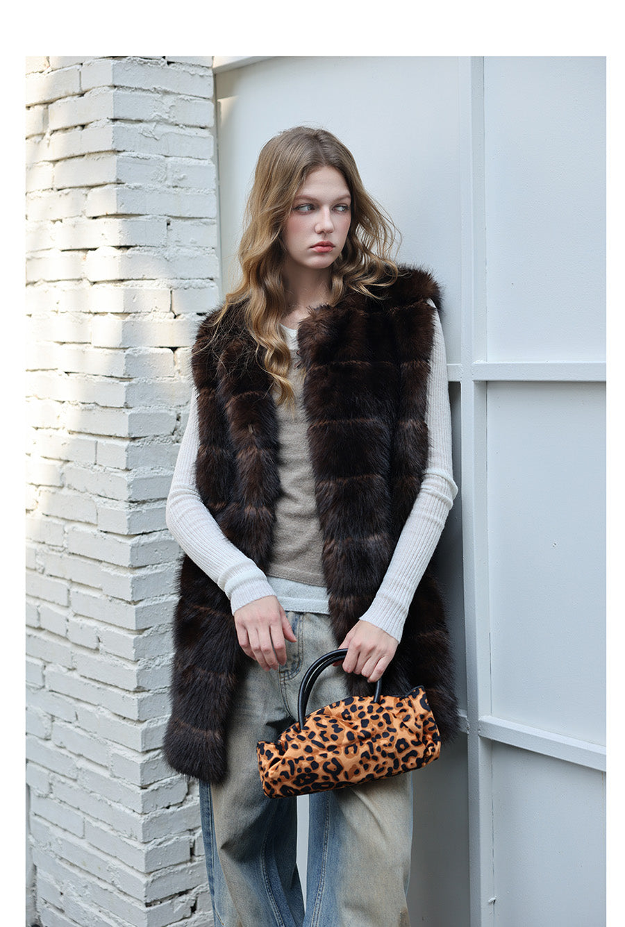 Fur Mid-Length Vest - Umber