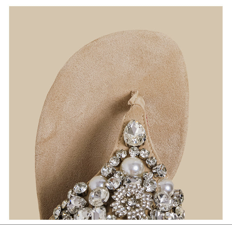 Crystal Pearl Flat Sandals (Beige)