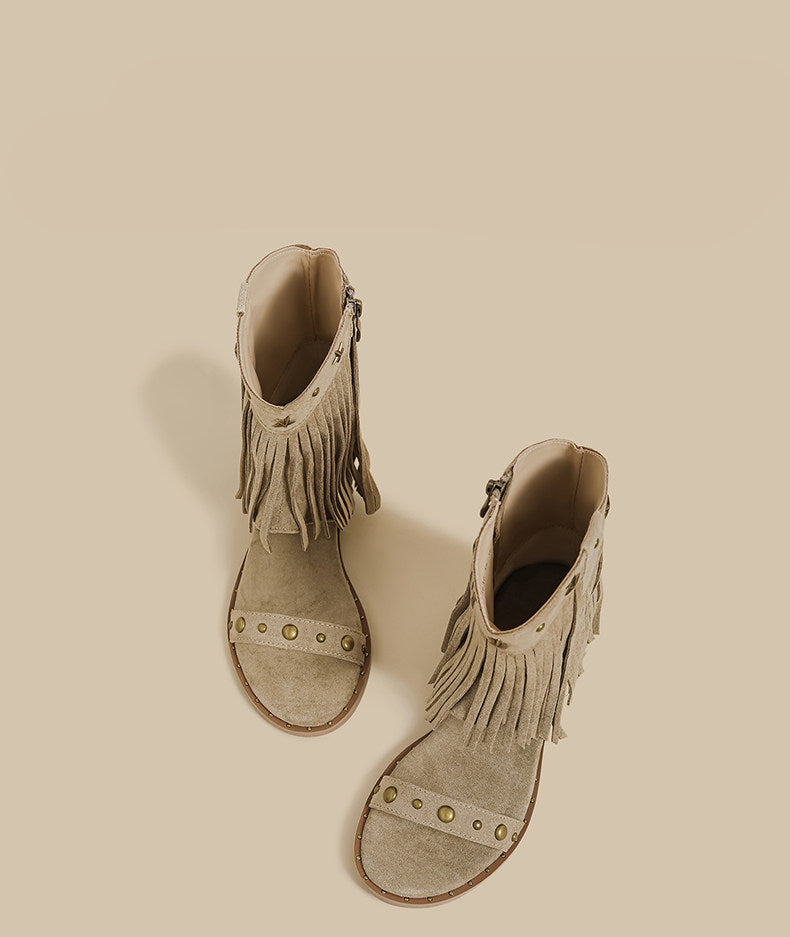 Fringe Stud Microfiber Leather Sandal