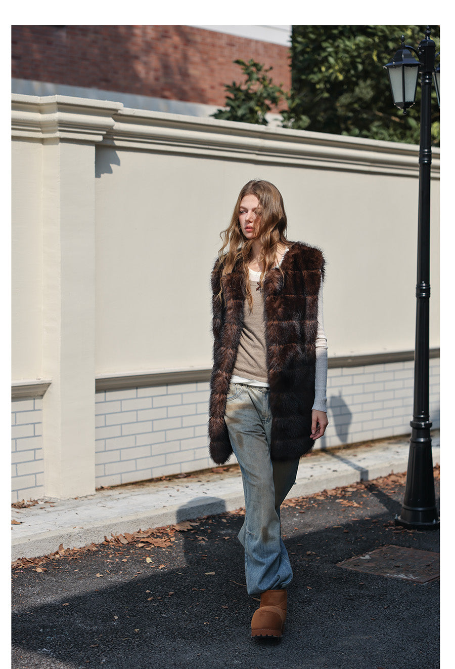 Fur Mid-Length Vest - Umber