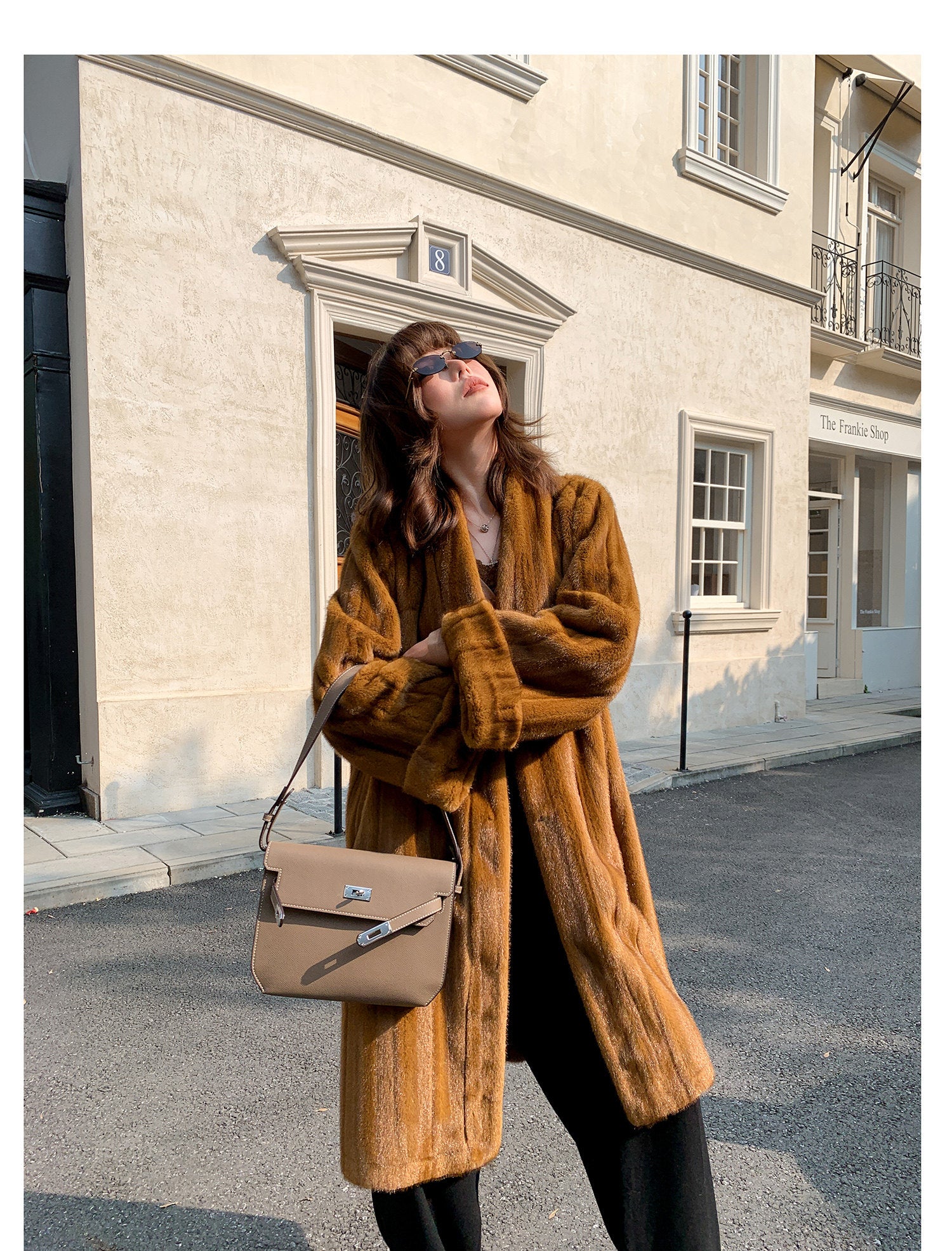 V-Neck Pullup Sleeve Fur Coat - Pumpkin