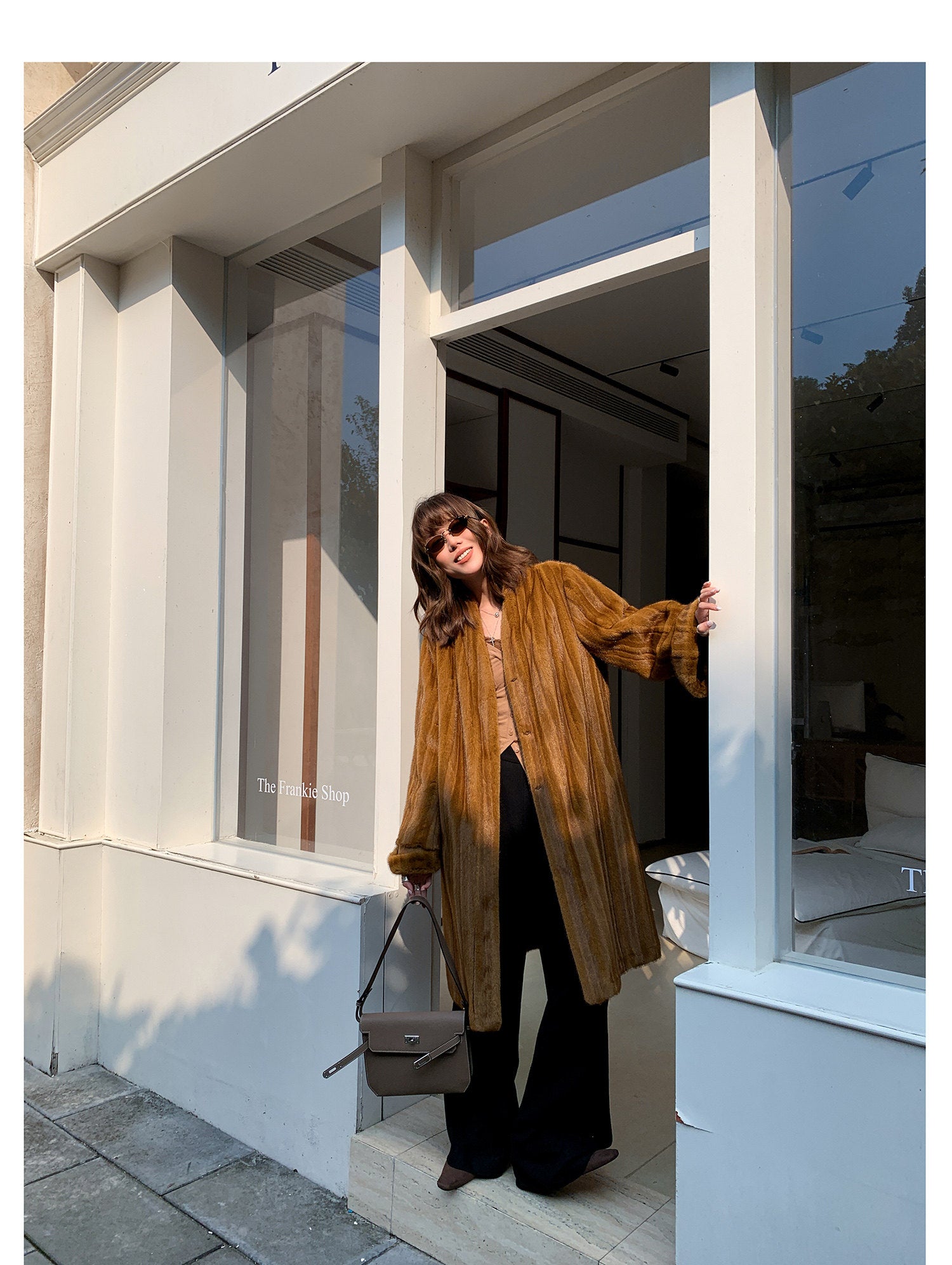 V-Neck Pullup Sleeve Fur Coat - Pumpkin