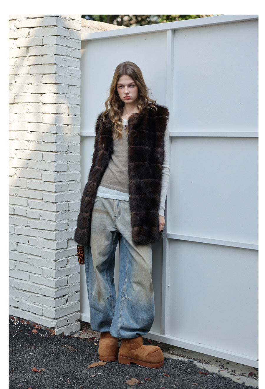 Fur Mid-Length Vest - Umber
