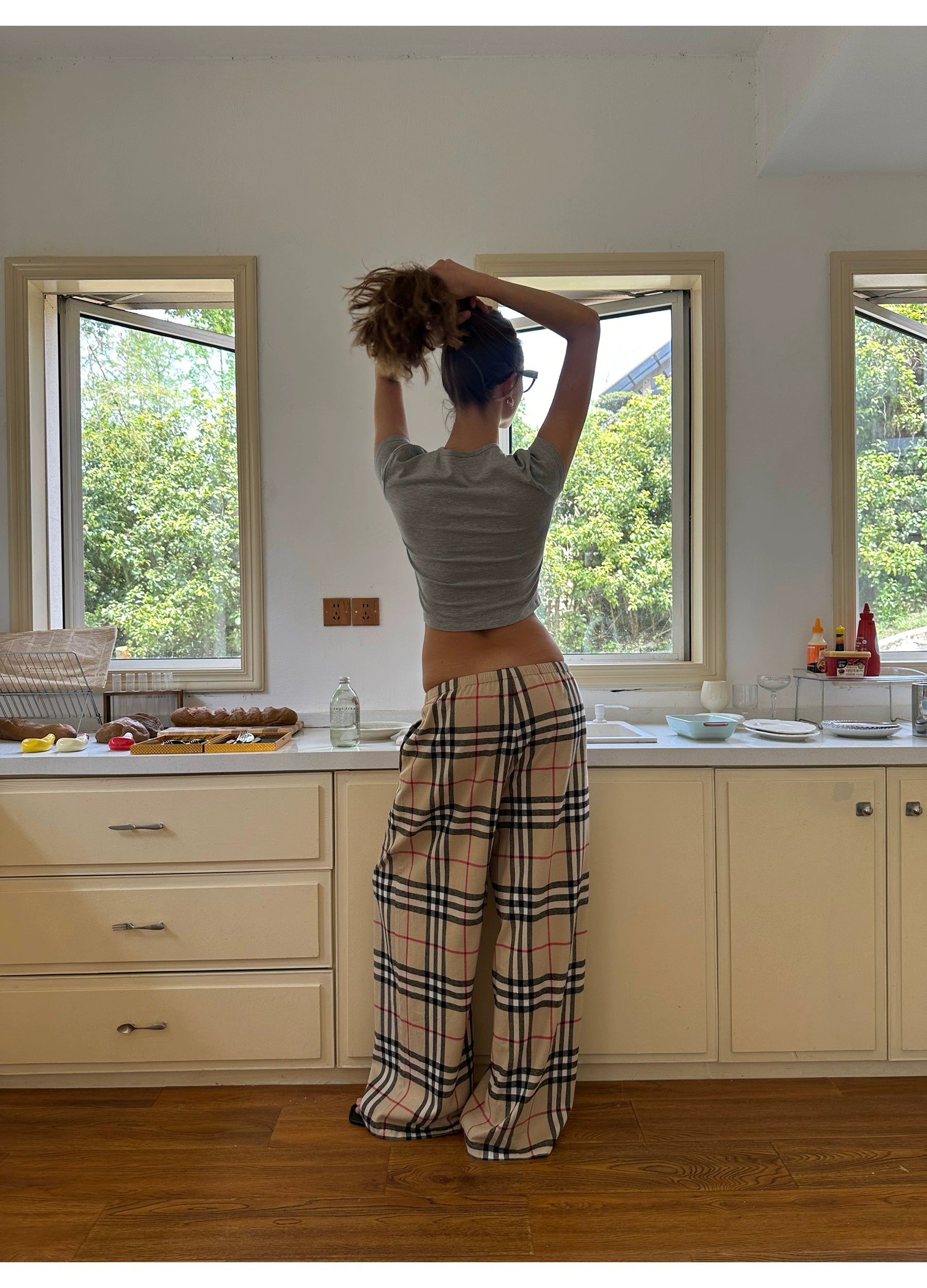 Plaid Drawstring Wide-Leg Pants