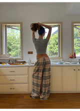 Plaid Drawstring Wide-Leg Pants