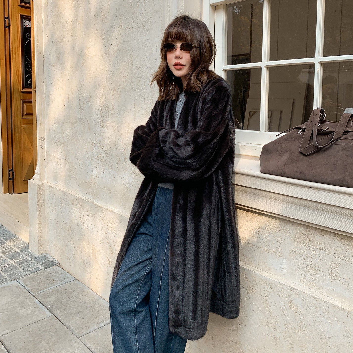 V-Neck Pullup Sleeve Fur Coat - Charcoal