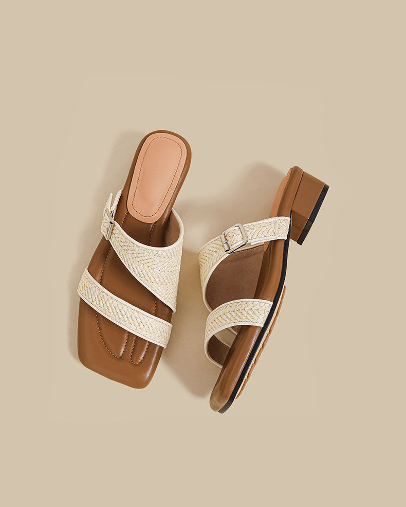 Woven Strap Slide Sandals (Brown)