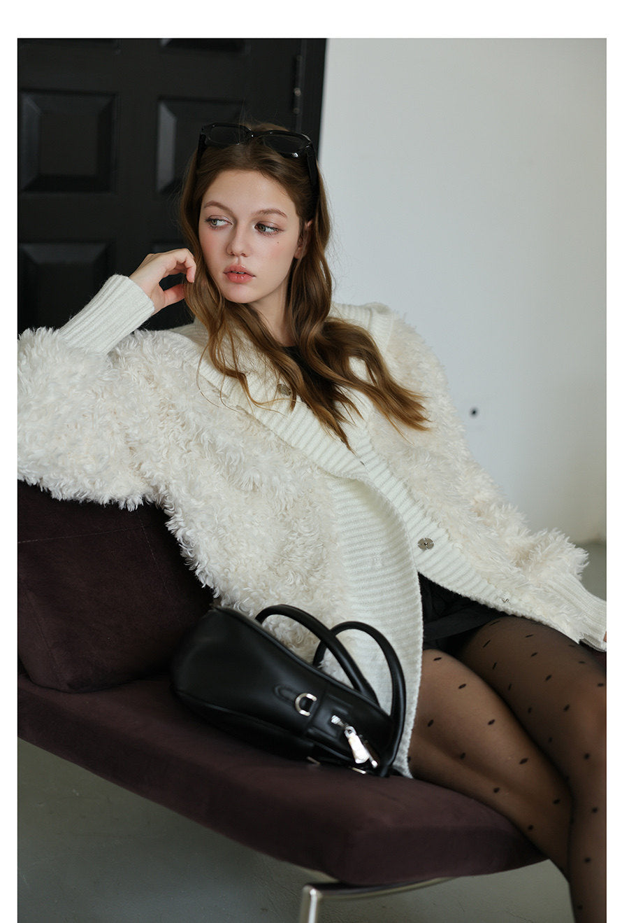 White Knit Paneled Fur Jacket