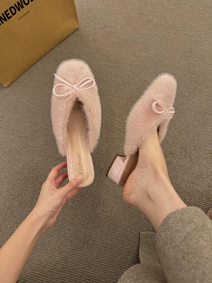Faux Fur Bow Mule Shoes
