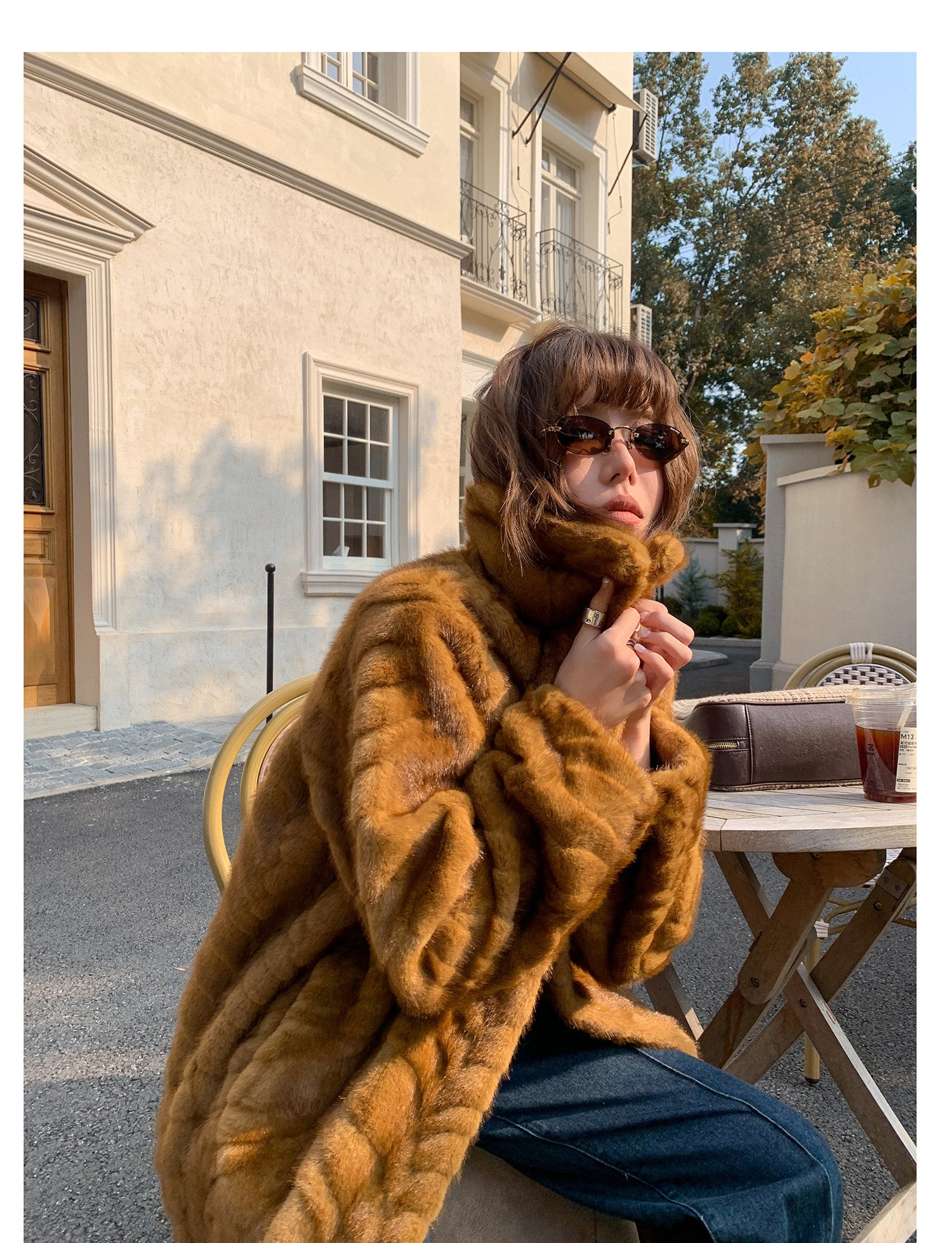 Herringbone Faux Fur Coat - Ochre
