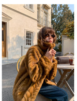 Herringbone Faux Fur Coat - Ochre