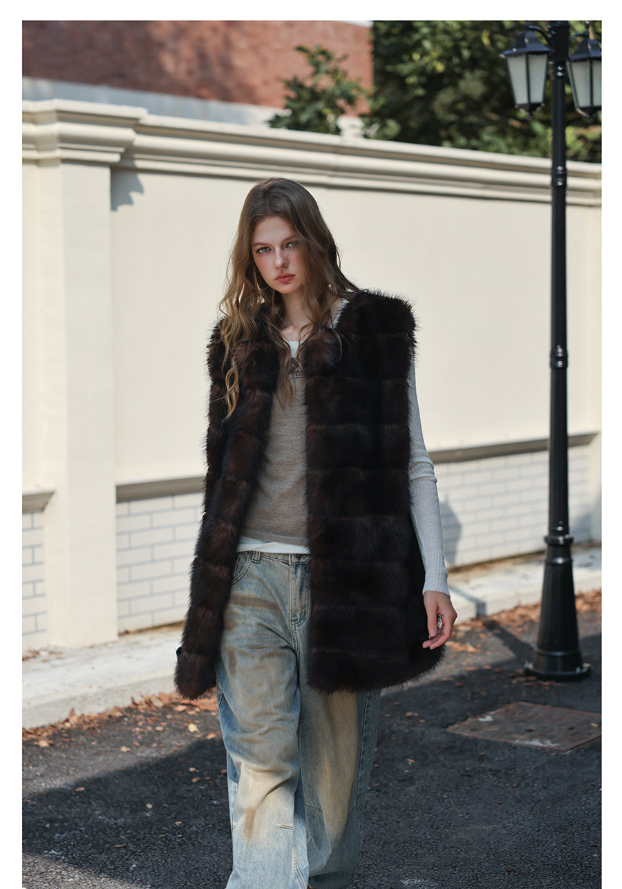 Fur Mid-Length Vest - Umber