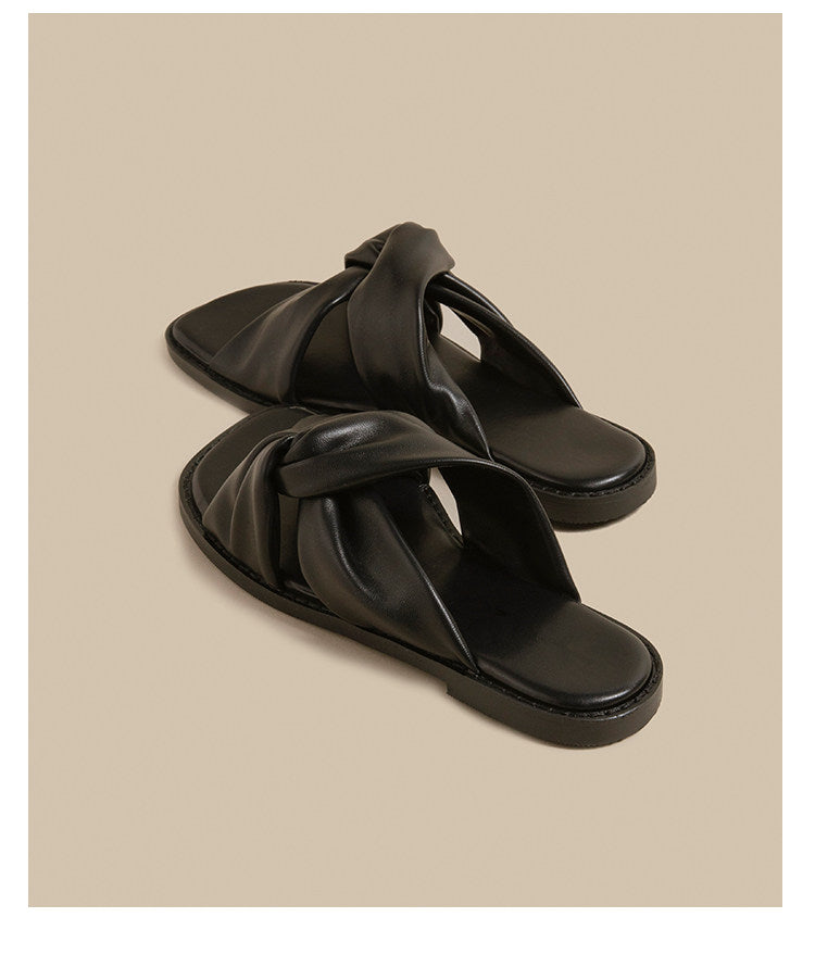 Twist Strap Flat Sandals (Black)