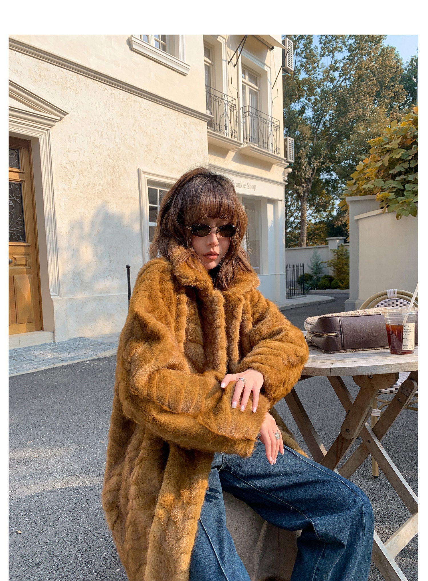 Herringbone Faux Fur Coat - Ochre