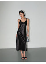 Satin Slip Midi Dress - Black