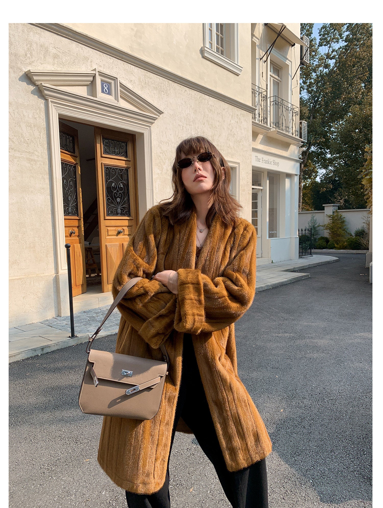 V-Neck Pullup Sleeve Fur Coat - Pumpkin